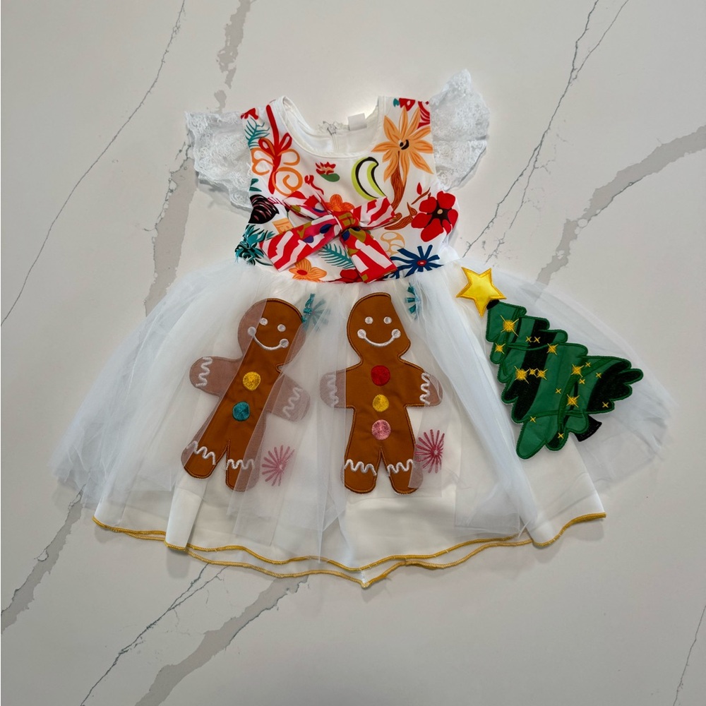 Festive White Dress with Gingerbread and Tree Design
